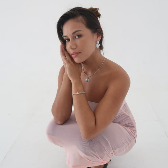 Drop Down Heart Earrings Silver