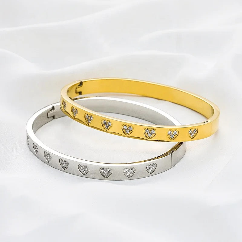 Silver Heart Bangle with Rhinestones