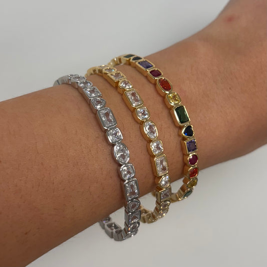 Mixed Stone Adjustable Bangle Silver