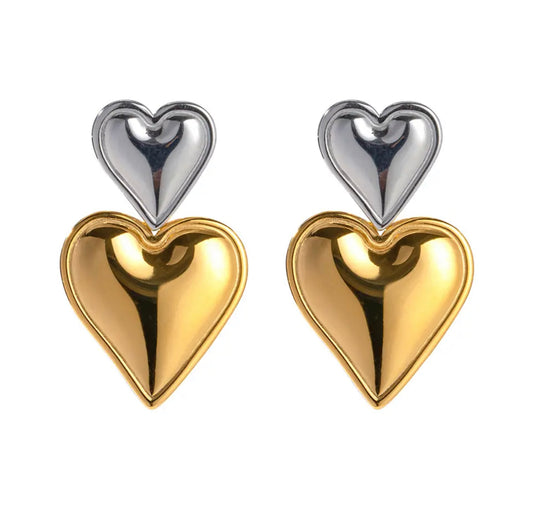 Mixed Metals Drop Down Heart Hoops - 18ct Gold Plated