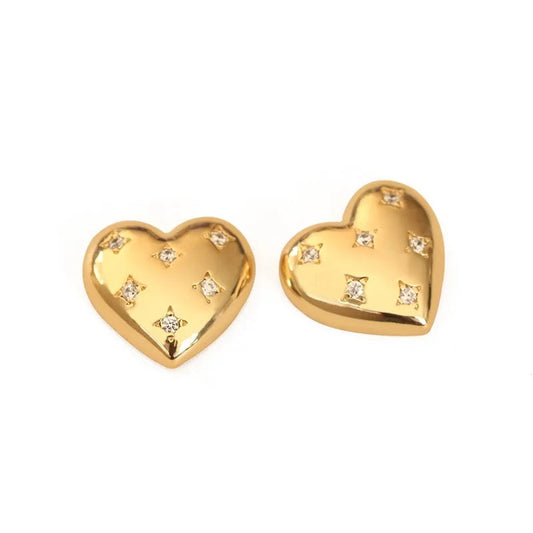 Gold Heart Studs with Rhinestones