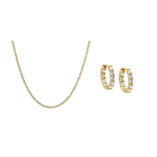 Rhinestone Huggie & Tennis Chain Necklace Set