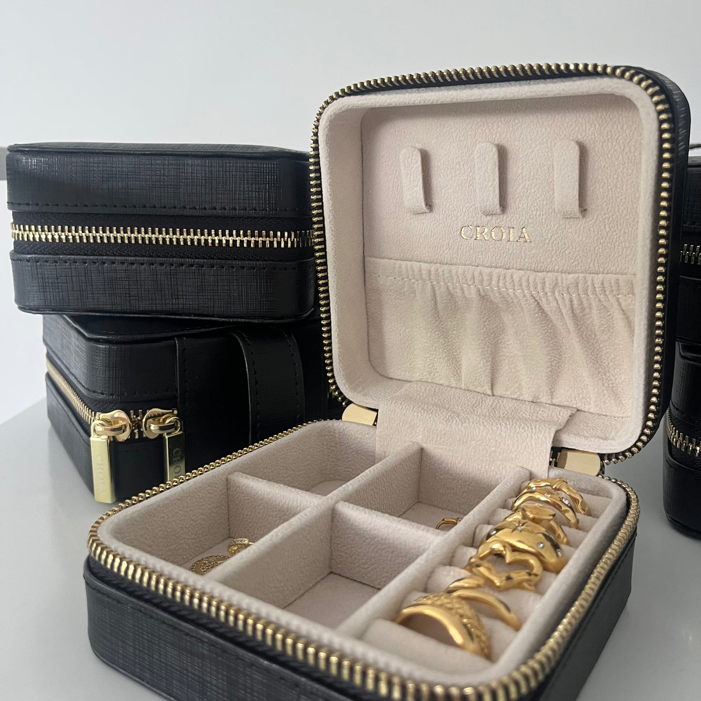 Black Bespoke Jewellery Travel Case - PU Saffiano Leather