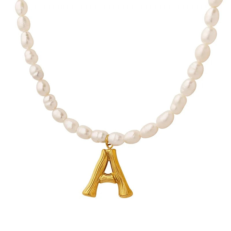 Freshwater Pearl Necklace with Bamboo Initial - 18K Gold Plated