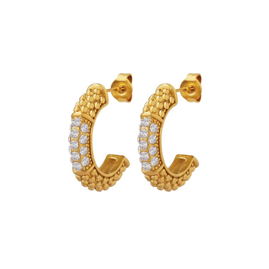Gold Textured Hoops With Rhinestones- 18ct Gold Plated