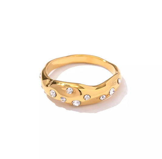 Irregular Gold Ring with Rhinestones - 18ct Gold Plated